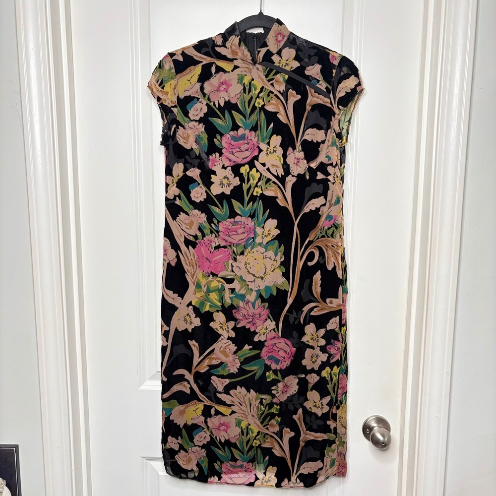 J Peterman Dress Women's 0 Floral Velvet Mandarin Collar Cheongsam Asia Inspired